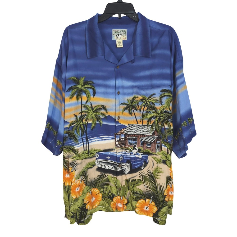 Vintage Big Dogs Hawaiian Camp Shirt Mens 3X Rayon Tropical Scenic Classic Car